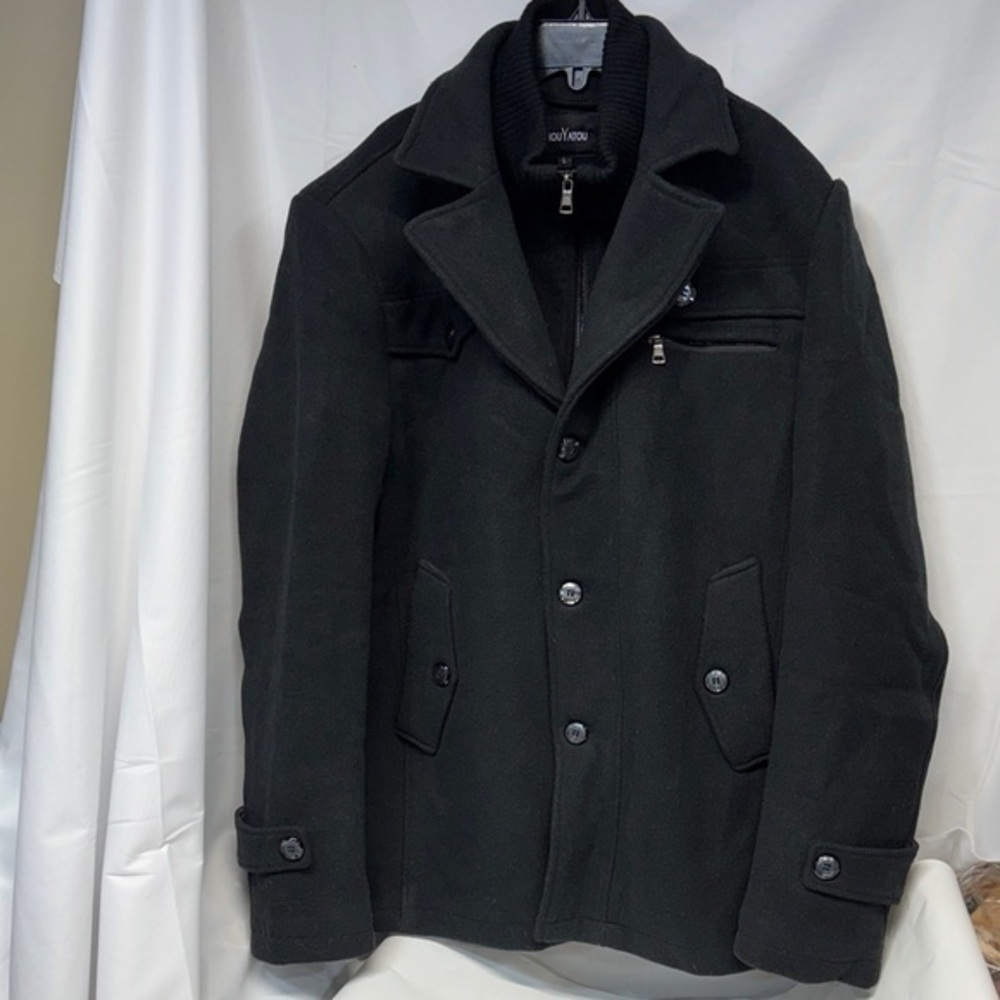Chou Yatou black wool blend lined Pea Coat jacket size Large - Picture 2 of 13